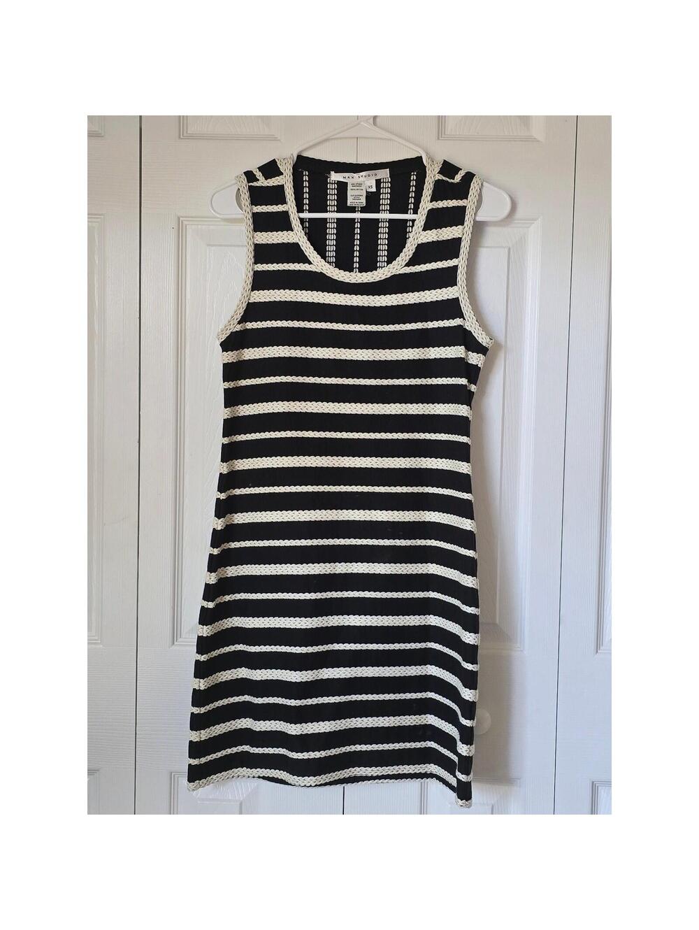 Max Studio Black White Striped Braided Cotton Shift Dress XS 3903M55